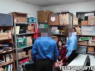 Teen shoplifter Audrey Royal fucked by two security officers